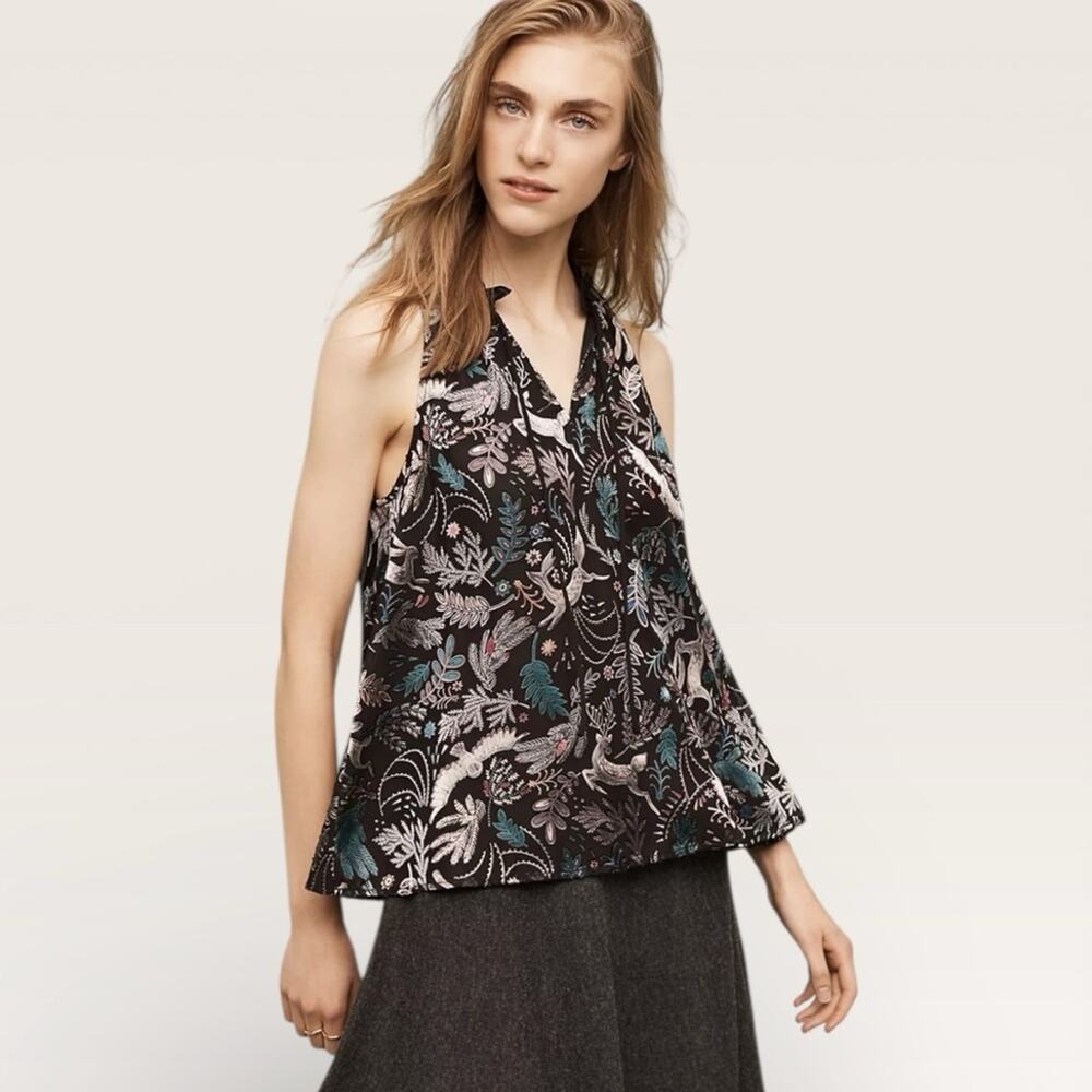 Anthropologie Floreat Fabled Halter Blouse in Black Deer and Owl Print M